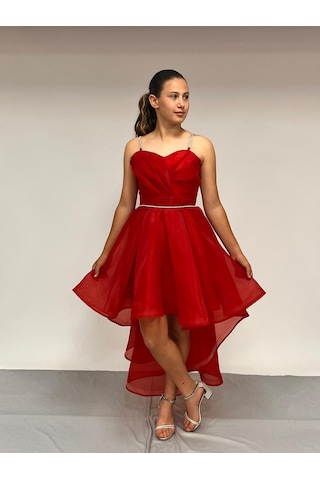 Kız Çocuk Abiye Kırmızıtaş Kordon Askılı Kalp Yaka Kuyruklu Şifon Abiye Elbise 9-16 Yaş Kırmızı