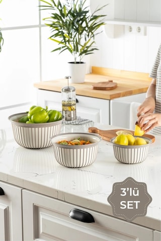 3lü Ekonomik Linea Yuvarlak Kase Seti Bej 3x 1 Litre- 2 Litre- 3 Litre Bej