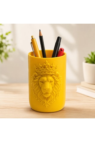 Aslan Figürlü Kalemlik Masaüstü Kalem Organizeri 10x6 Cm 3d Baskı Dekoratif Kalem Kutusu Ofis Ev Çalışma Masası Aksesuarı Sarı