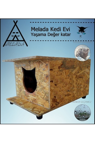 Melada Kedi Evi Dış Ortam Uygun Ahşap Kedi Evi Osb 47x36x25 Cm