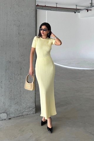 Denivy Düz Formlu Triko Maxi Elbise Dnv-000134 Pudra