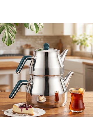 Porsima 1025-2 Prizma Bakalit Kulp Orta Boy Paslanmaz Çelik Çaydanlık Takımı - Yeşil - 1.10-2 Lt