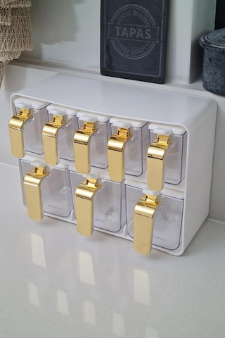 Herevin Sekizli Standlı Baharatlık Seti Gold Kulplu Beyaz Kapak 161280-821 Beyaz - Gold