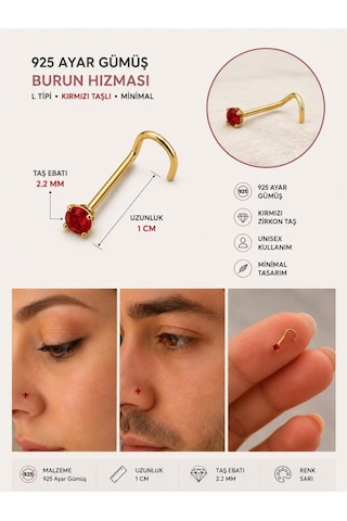 925 Ayar Gümüş Kırmızı Taşlı Burun Hızması Piercing Minimal L Şekilli Unisex Nose Stud Sarı