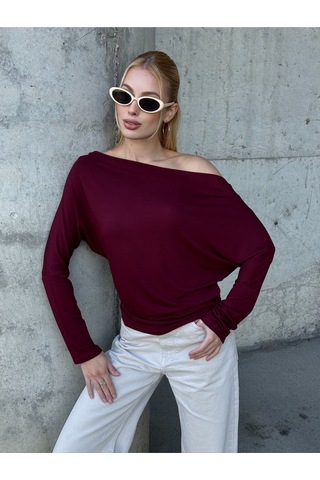 Kadın Kayık Yaka Full Esnek Asimetrik Kesim Comfort Spor Şık Tasarım Yumoş Bluz Bordo