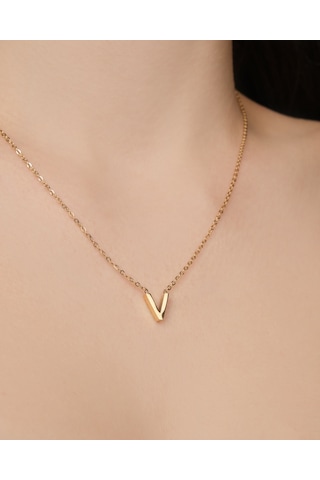 Lekka Design Kadın Kararmaz Çelik Takı V Harf Kolye Altın