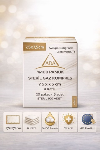 Ada Steril Kompres 7,5x7,5 Cm 4 Katlı %100 Pamuk - 100 Adet 20 Kutu
