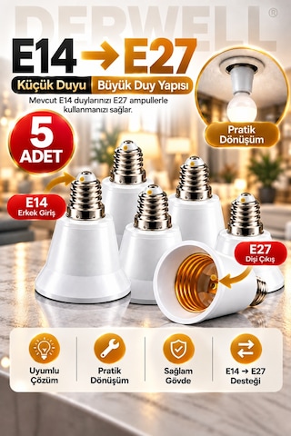 5 Adet E14'ten E27'ye Ampul Duy Dönüştürücü Adaptör - Küçük Duyuyu Büyük Duya Çevirici Aparat, Ev Ve Ofis İçi Pratik Aydınlatma Çözümü, Sağlam Ve Dayanıklı Gövde Yapısı