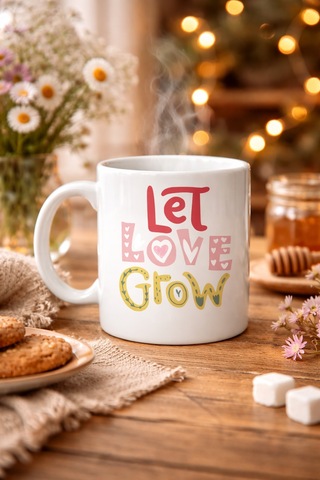 Let Love Grow Tasarımlı Porselen Kupa Model 37 Sevgi Temalı Özel Hediye Kupası Düz Renkli