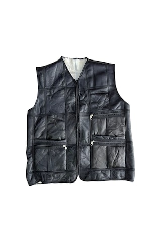 Patchwork Içi Kürk-Dışı Süet Hakiki Deri Biye Siyah-Beyaz Yelek