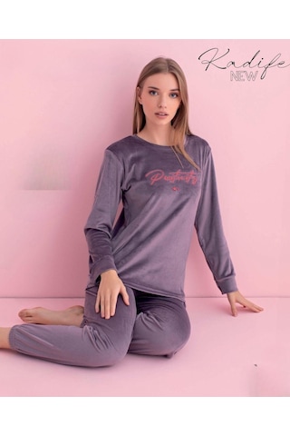Pijamerry Kadın Kışlık Bisiklet Yaka Kadife Pijama Takımı 3033a - 1 Adet Açık Mor
