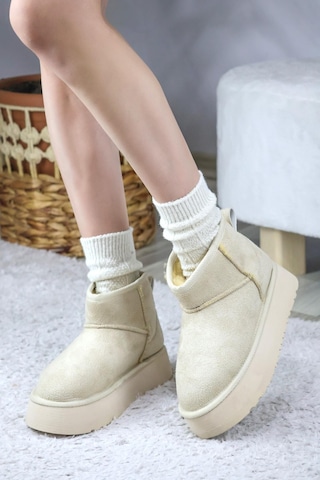 Asmi Shoes Kadın Pavro Süet İçi Kürklü Kalın Taban 4.5 Cm Mini Kısa Bot Krem Krem