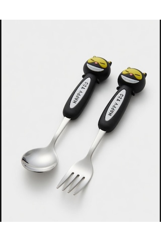 Sevimli Figürlü Premium Çocuk Bpa Free Paslanmaz Çelik Uçlu Çatal-kaşık Set 24+ Ay Siyah