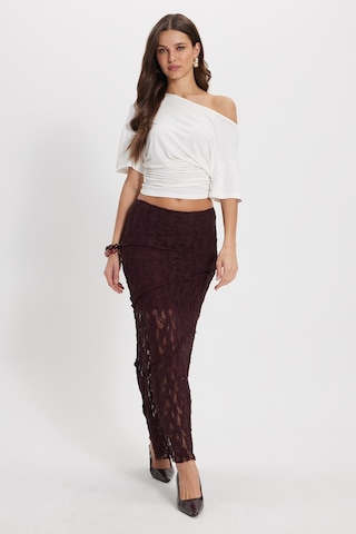 Tudors Kadın Slim Fit Dar Kesim Lastikli Yüksek Bel Dantelli Bordo Etek -50500