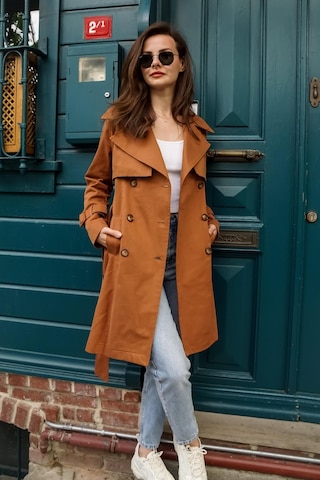 Pastelastore %100 Pamuk Gabardin Midi 95cm Astarlı Kemerli Kadın Trençkot 1113 Taba