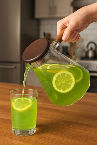 Süzgeçli Cam Sürahi - Akasaya Kapaklı Ve Saplı - Detoks Sürahisi - Contalı Kapak