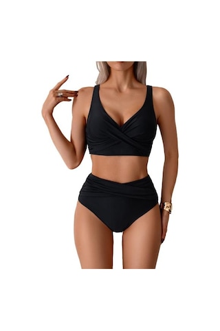 2 Adet/set Kadın Bikini Seti Derin V Yaka Dolgulu Telsiz Sütyen Yüksek Bel Yüzme Şortu Seti Düz Renk Yırtmaçlı Tasarım Plaj Giyim Siyah