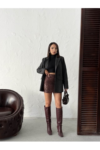 Verymoda Payetli Mini Etek - Şık Gece Ve Parti Modası F1980 Kahve