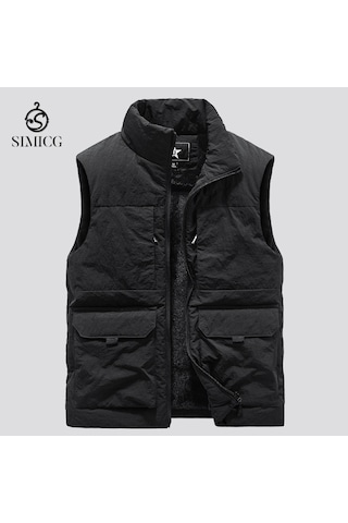 Kalın Polar Retro Çok Cepli Dik Yaka Erkek Yeleği... Siyah