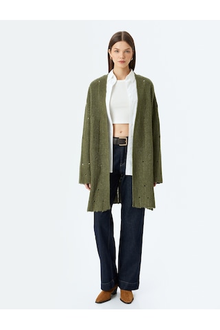 Koton Oversize V Yaka Dökümlü Uzun Triko Hırka Haki 5wal90104ht Haki