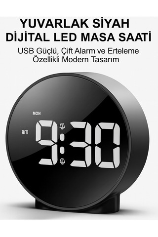 Siyah Yuvarlak Led Dijital Masa Saati Usb Güçlü Alarm Ve Snooze Özellikli Büyük Ekran Masaüstü Saat