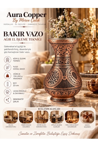 Aura Copper Dekoratif Bakır Vazo 23 Cm Ağır El İşlemeli El Yapımı Obje Çiçeklik Vz-00003