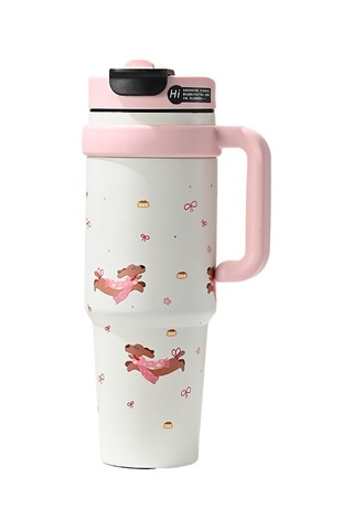 Jian Fan Termos Kupası Kız Çocuk Büyük Kapasiteli Buz Fincan Hasır Bardak - Pembe Pembe