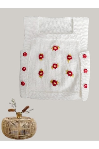 Beyaz El Örgü Sıfır Kollu Bebek Yeleği Kırmızı Çiçekli Beyaz Beyaz - Pembe