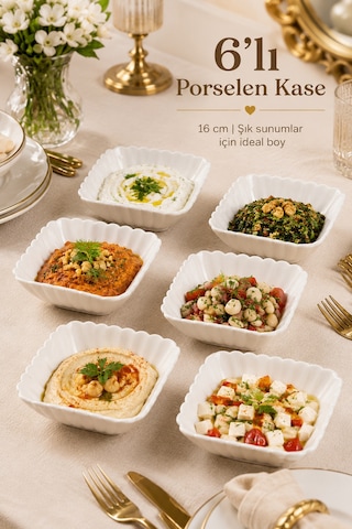 Porsima Yl-1750n 6'lı Porselen Salata Kasesi Seti 16 Cm Çok Amaçlı Servis Kasesi Beyaz