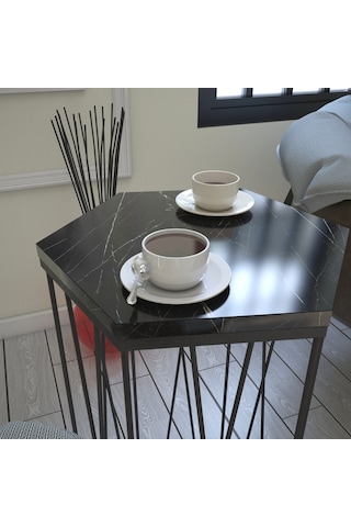 Cetrus Siyah Mermer Yan Sehpa & Servis Sehpası Metal Royal