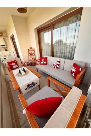 Ahşap Bahçe Balkon Takımı 3 Lü Koltuk + 2 Tekli + Masa I Lüks Minderli Çok Renkli
