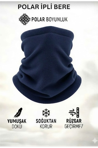 Qulothes Extrakalın Termal Polar Soğuk Geçirmez Bere & Boyunluk Unisex Pamuklu Kışlık Ayarlanabilir İpli Bere Lacivert