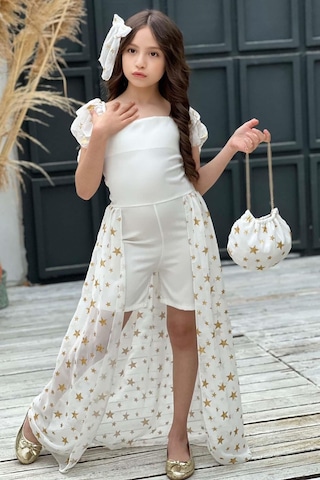 Riccotarz Kız Çocuk Yıldız Desenli Kayık Yaka Tül Kuyruklu Beyaz Şortlu Tulum 001