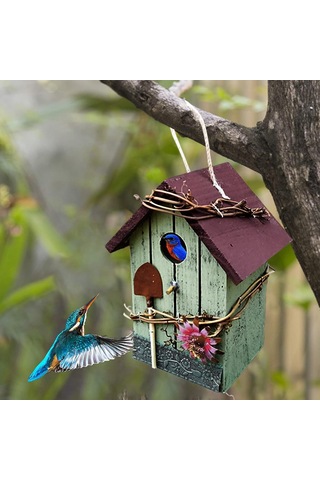 Qingmipy Ahşap Kuş Yuvası Bahçe Dekoru - Mavi Çatıklı Eğik Tasarım, Dış Mekan Ası, Kuş Gözlem Penceresi, Ahşap Malzeme