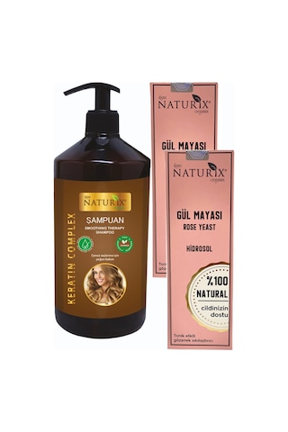Naturix Yavaş Uzayan Saçlar Tuzsuz Keratin Şampuanı 600 ML + Cilt Temizleyici Gül Mayası 2 x 250 ML