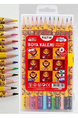 12 Li Kuru Boya Kalemi Plastik Kutu 1 Paket Fatih Taraftar Sarı Kırmızı 12 Renk Kuruboya Tam Boy Renkli Kalem Aslan Çok Renkli