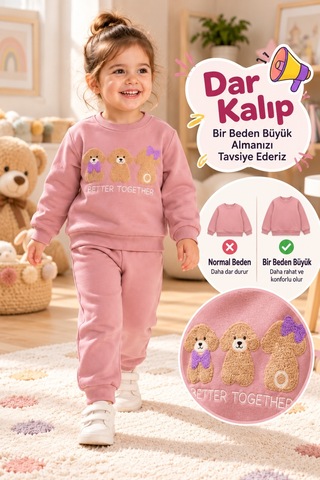Tucankids Kız Çocuk Ayıcık Nakışlı 2 İplik Kompak Eşofman Takımı 1-4 Yaş Gül Kurusu