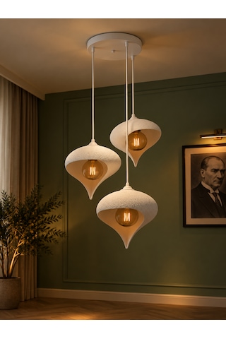 Beton Görünümlü 3'lü Su Damlası Sarkıt Avize Modern Bohem Salon Yemek Masası 3 Rustik Led Ampul Hediyeli Beyaz