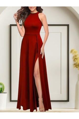 Kadınhalter Yaka Derin Yırtmaç Detaylı Tam Boy Ithal Krep Abiye Elbise Çok Renkli