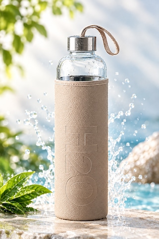H2o Sağlıklı Cam Matara 1000 Ml Su Şişesi, Deri Kılıflı 1 Lt Sporcu Suluğu Bej