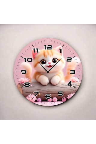 AA Shop Kedi Renkli Baskı Çocuk Odası Desenli Sayılı Hediyelik Ahşap Sessiz Duvar Saati 50cm ÇOk Renkli