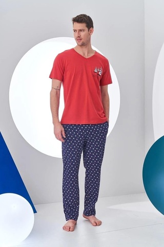 Pjs 24307 Erkek Bordo V Yaka Yelken Baskılı Kısa Kol Pijama Takımı Bordo