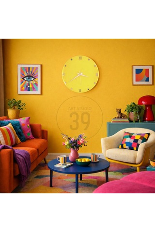 Dekoratif Epoksi Duvar Saati 40 Cm, Neon Sarı Modern Tasarım, Gümüş Detaylı, Sessiz Mekanizma, Yeni Ev Hediyesi Sarı