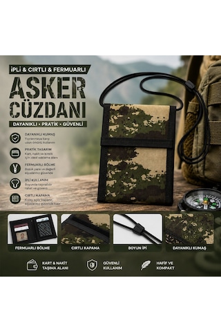 Tuğraçelik Mkm 02-90-09 Ask-100 3. Seri İpli Cırtlı Fermuarlı Asker Cüzdanı Kamuflaj Desen- 10'li Paket