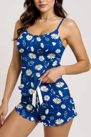 Papatya Desenli Mavi Askılı Şortlu Pijama Takımı Mavi