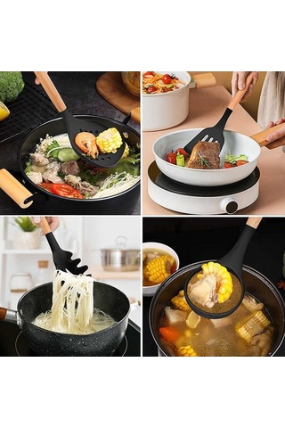 12 Parça Ahşap Saplı Siyah Silikon Mutfak Seti - Mikrodalga, Fırın, Bulaşık Makinesi Uyumlu Siyah