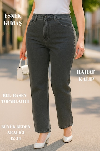 Cedy Denim Cedy Denım - Kadın Büyük Benden Boru Paça Yüksek Bel Regular Fit Likralı Pantolon C626 Gri