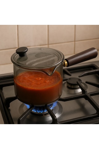 Qerhome Borosilikat Cam Akasya Saplı Cam Kapaklı Minichef Sosluk Füme 550 Ml Füme