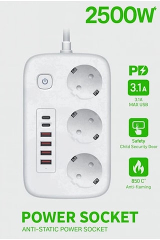 La Boom Akım Korumalı Priz Ve Masaüstü Şarj İstasyonu Kablosuz 3 Priz ,4 Usb, 2 Type-c Girişli 2 Metre