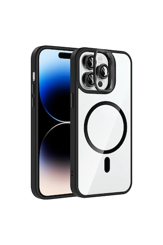 Apple Uyumlu iPhone 14 Pro Max Kılıf Standlı Ve Kamera Lens li M-safe Şarj Özellikli Zore Etro Kapak Siyah